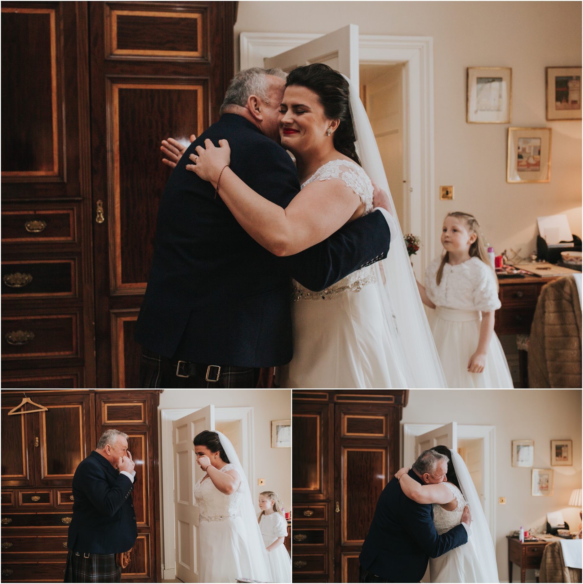 dundas castle wedding dad and bride hugging