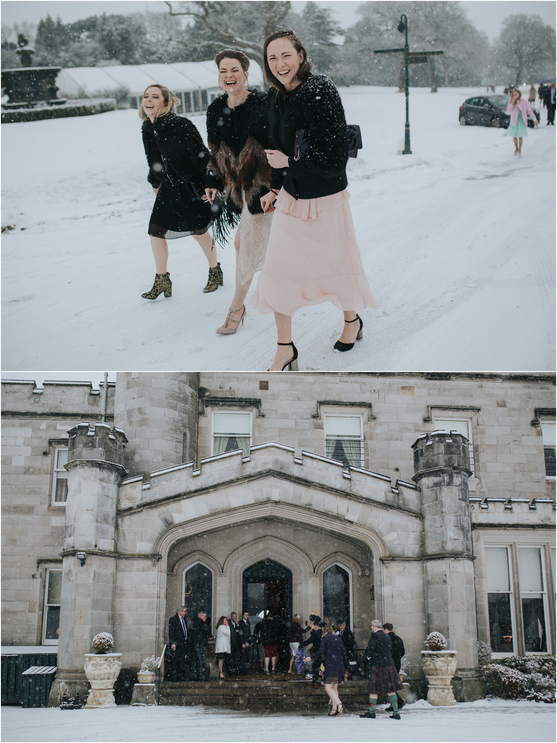 dundas castle wedding at winter in the snow, guests arriving