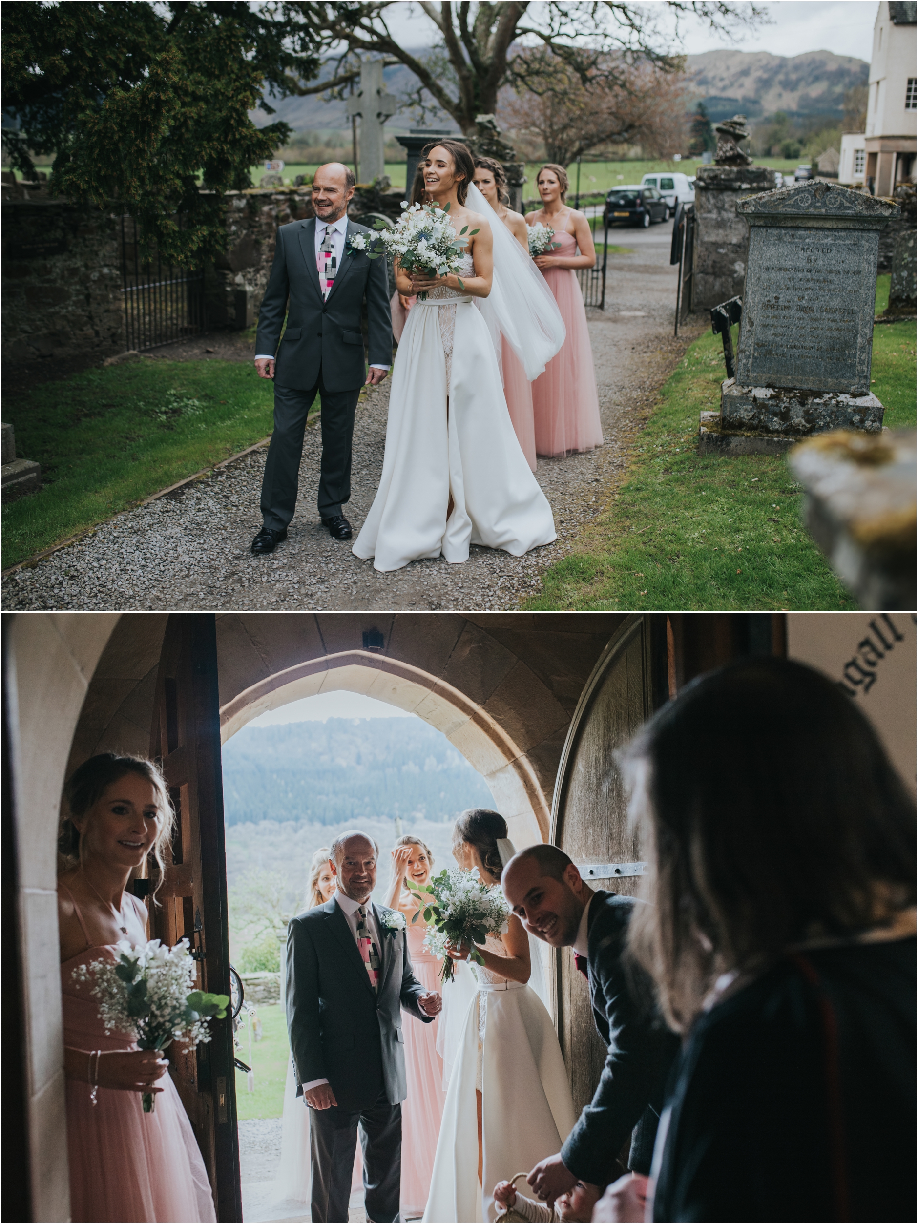 bride arriving at the church for her scottish highlands wedding