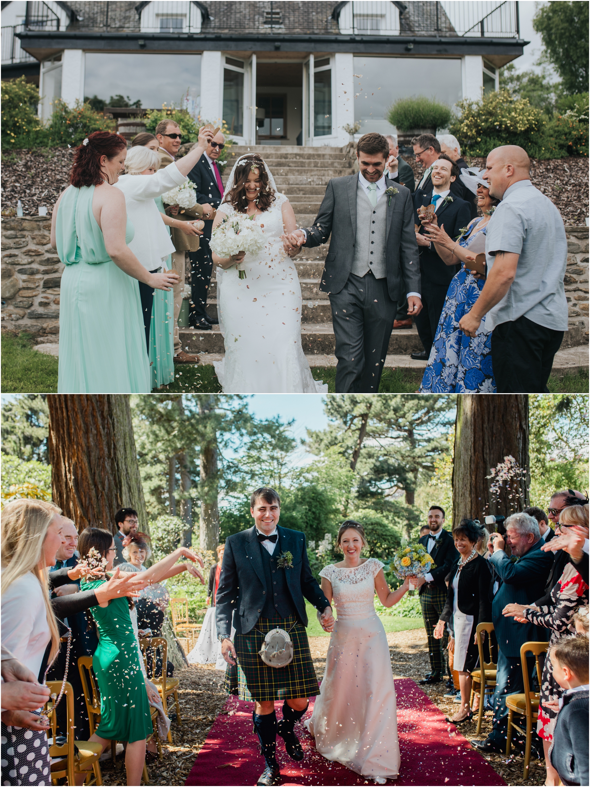 outdoor scottish weddings with couples having confetti thrown at them as they walk up the isle