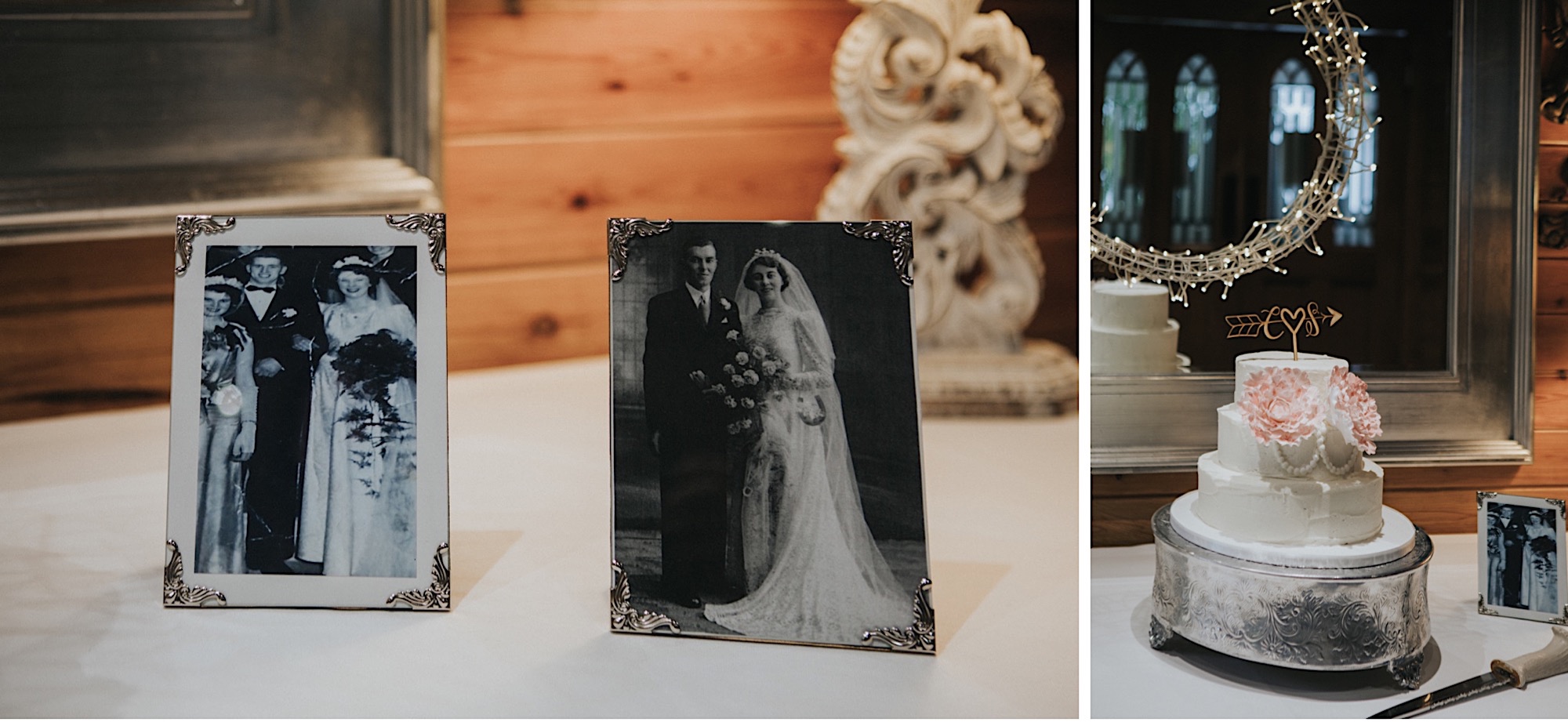 rustic naked wedding cake with photos of parents weddings beside