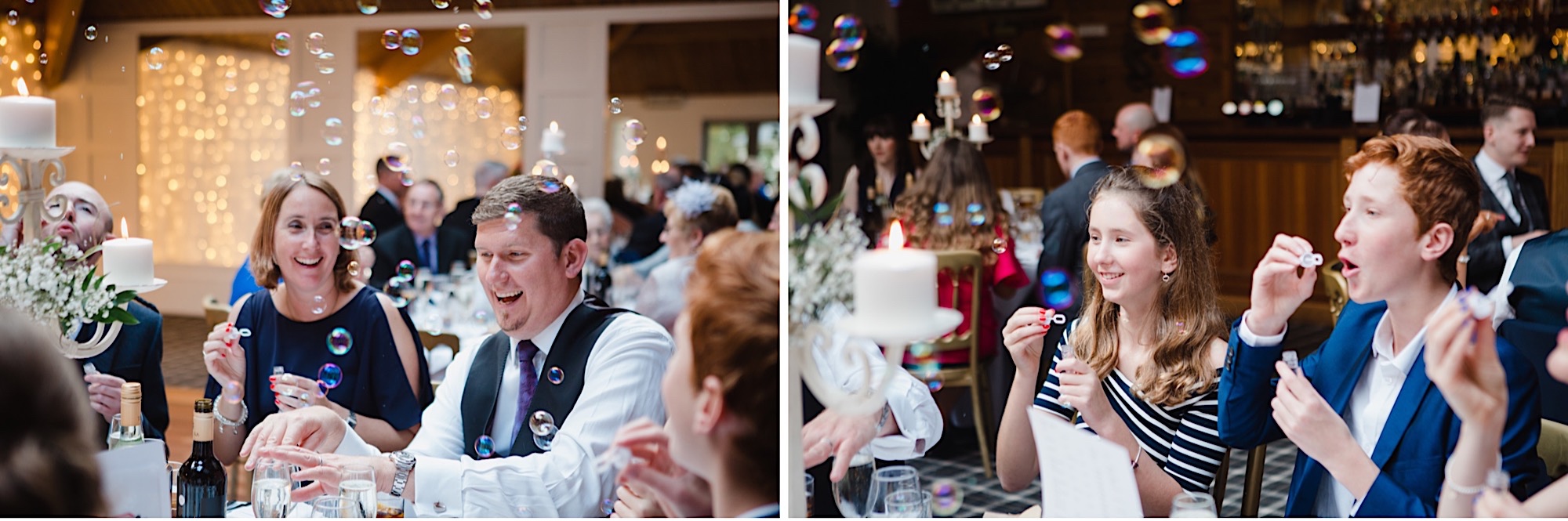 guests with bubbles blowing them at tables 